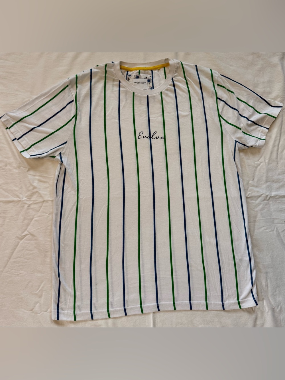 Denim‎ & Flower Ricky Singh White Green Blue Striped Crewneck Tee Mens L